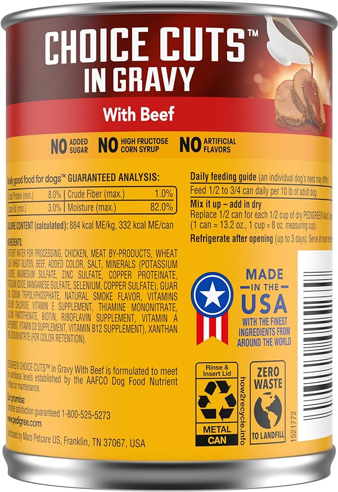 PEDIGREE CHOICE CUTS IN GRAVY Adult Canned Soft Wet Dog Food with Beef, 13.2 oz. Cans (Pack of 12)