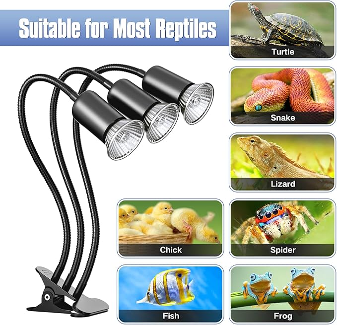 Reptile Heat Lamp, Three Head Reptile Light with Cycle Timer,UVA UVB light, dimmable Basking lamp for Tortoise, Bearded Dragon, Lizard, Snake, E26/27 Base with 4 Bulbs (50W)-Black