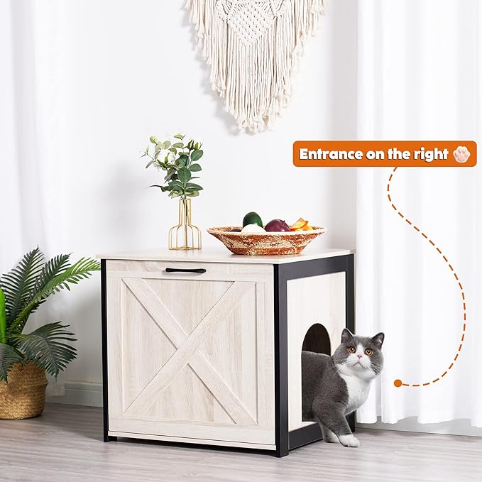 DWANTON Cat Litter Box Furniture Hidden, Cat Litter Box Enclosure, Reversible Entrance Can Be on Left or Right Side, Indoor Cat Box Cabinet, Wooden Cat Washroom, End Table, Nightstand, Beige