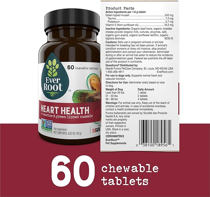Dog Heart Supplements Heart Health Chewable Tablets with Taurine and Green-Lipped Mussels - 4.02 oz. Canister