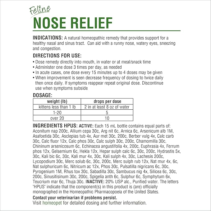 HomeoPet Feline Nose Relief, Natural Nasal and Sinus Medicine for Cats, Pet Medicine, 15 Milliliters