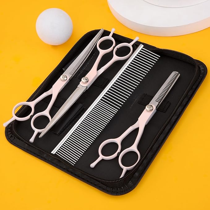 Dog Grooming Scissors Kit, Fcysy Professional Dog Trimming Scissors Set, Hair Cutting Scissors for Pet Dog Cat Grooming at Home, Curved Dog Scissors Pet Thinning Shears, Pet Grooming Supplies