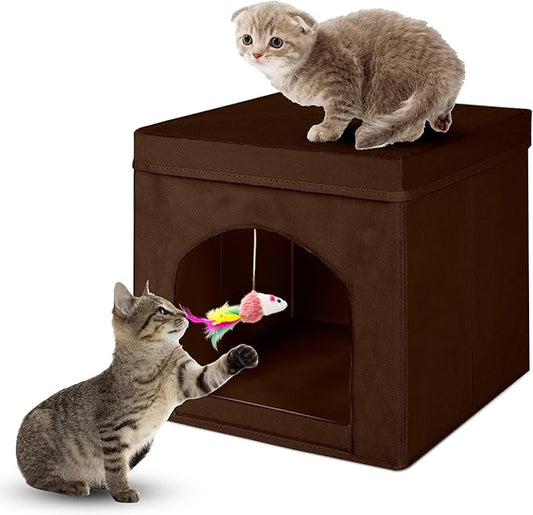 ShellKingdom Collapsible Cat House, Foldable Kitty Cat Cube and Cat Cave with Bed, Colorful Cat Stool Condo for Indoor Cats Gifts, 13 x 13 x 13 inches (Brown)