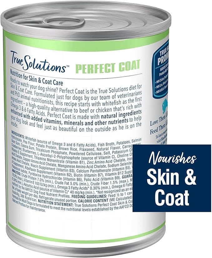 Blue Buffalo True Solutions Skin & Coat Care Adult Wet Dog Food, Made with Natural Ingredients and Wholesome Grains, Whitefish, 12.5-oz. Cans (12 Count)