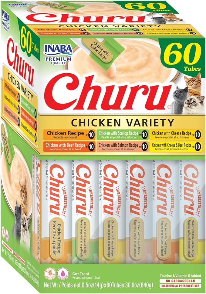 INABA Churu Cat Treats, Grain-Free, Lickable, Squeezable Creamy Purée Cat Treat/Topper, 60 Servings, Chicken Variety Box