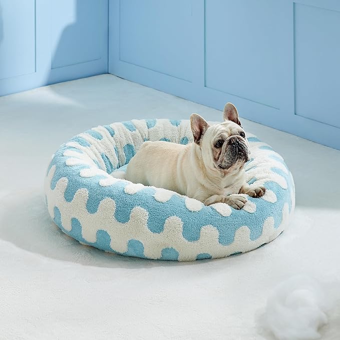 Lesure Donut Small Dog Bed - Round Cat Beds for Indoor Cats Anti-Anxiety Calming Pet Beds, Washable Cute Modern Beds with Teddy Sherpa Plush & Anti Slip Bottom Light Blue