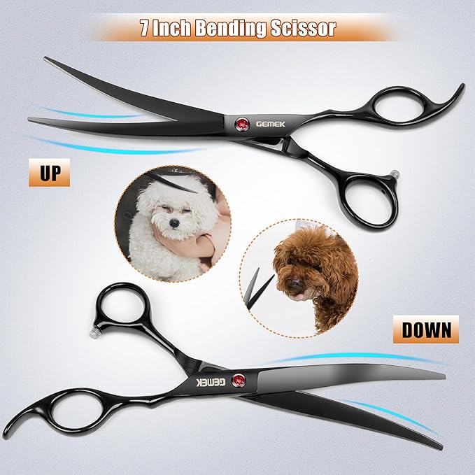 7.0in Titanium Professional Dog Grooming Scissors Set, GEMEK 6 in 1 Straight & Thinning & Upwards Curved & Downwards Curved Scissors & Comb for Dogs, Cats and Other Animals