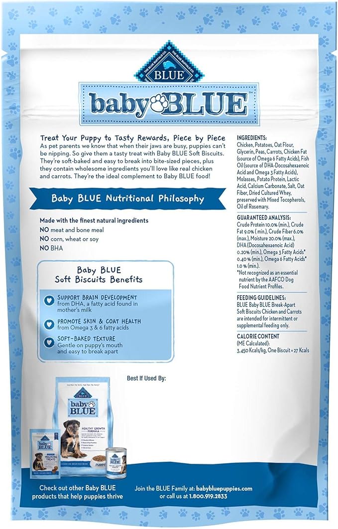 Blue Buffalo Baby BLUE Soft Biscuits with DHA, Natural Dog Treats for Puppies, Great for Training, with Chicken & Carrots, 8-oz. Bag