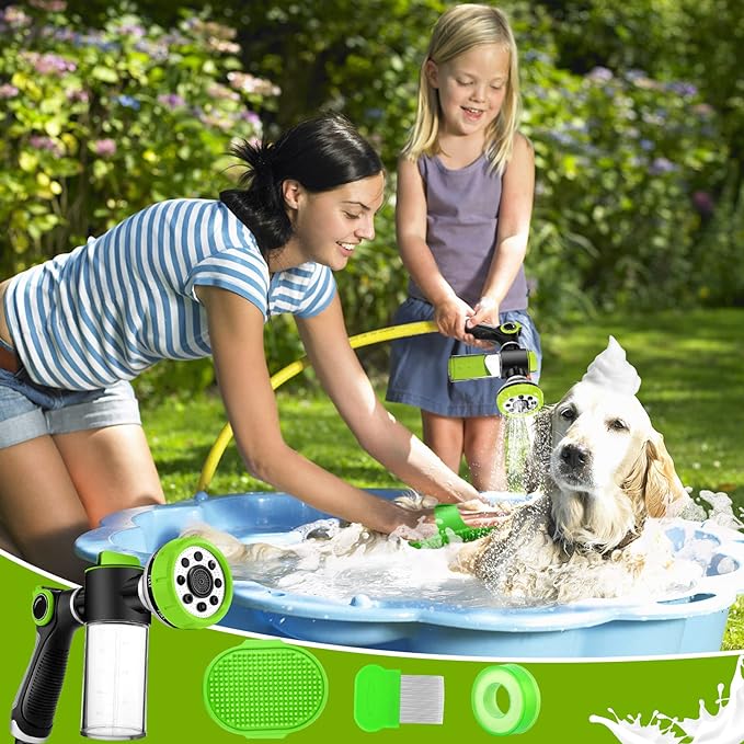 Upgrade Pup Jet Dog Wash for Outdoor, Dog Shampoo Hose Attachment with Soap Dispenser, Dog Wash Hose Attachment with Pet Bath Brush Car Wash Mitt and Dog Comb for Showering Pet (Hose Not Include)