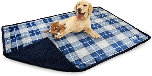 PetAmi WATERPROOF Dog Blanket for Medium Large Dog, Pet Puppy Blanket Couch Cover Protection, Sherpa Fleece Cat Blanket, Sofa Bed Furniture Protector Reversible Soft Plush Washable, 60x40 Plaid Navy