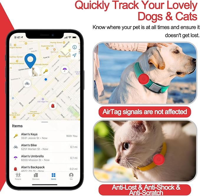 IPX8 Waterproof AirTag Dog Collar Holder, Hidden Air Tag Case for Cat Collar, Anti-Lost Silicone Cover for AirTag GPS Tracker Compatible with Pets Loop, Fits All Width Collars(Red L)