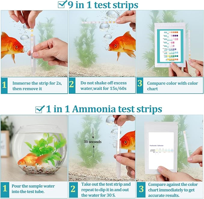 10 in 1 Ammonia Aquarium Water Test Kit,150 Strips Fish Tank Test Strips for Freshwater Saltwater Testing Ammonia,pH,Hardness,Nitrite,Nitrate,Chlorine,Copper and More