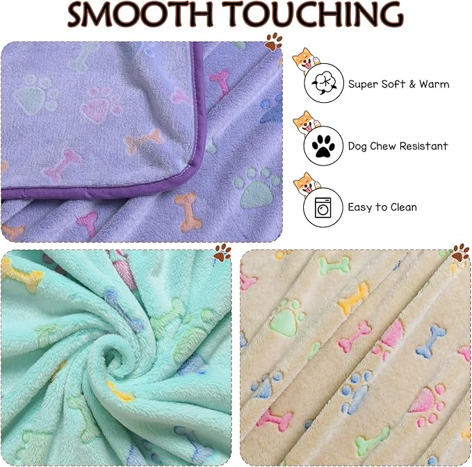 Dog Blanket,3 Pack Dog Blankets for Dogs,Cute Paw Pattern,Dog Blankets for Medium,Small Dogs,Washable Pet Blanket for Crate Kennel,41" x 31" Soft Dog Blanket (1Purple,1Brown,1Green)