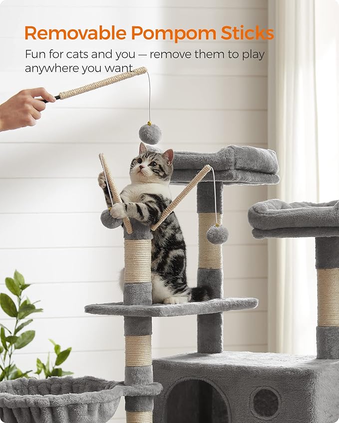 FEANDREA Cat Tree, Large Cat Tower, 64.6 Inches, Cat Activity Center with Hammock, Basket, Removable Fur Ball Sticks, Cat Condo, Light Gray UPCT087W01