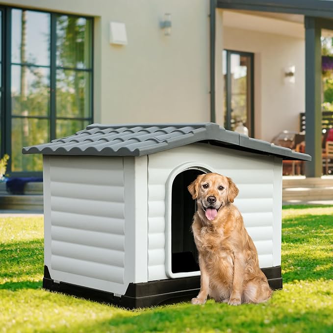 YITAHOME 43.7'' Large Double Door Dog House with Porch & Cushion, Outdoor Plastic Doghouse with Elevated Base, Easy to Install, Water-Resistant Pet House for Medium Large Dogs (43.7''L*33''W*31.6''H)