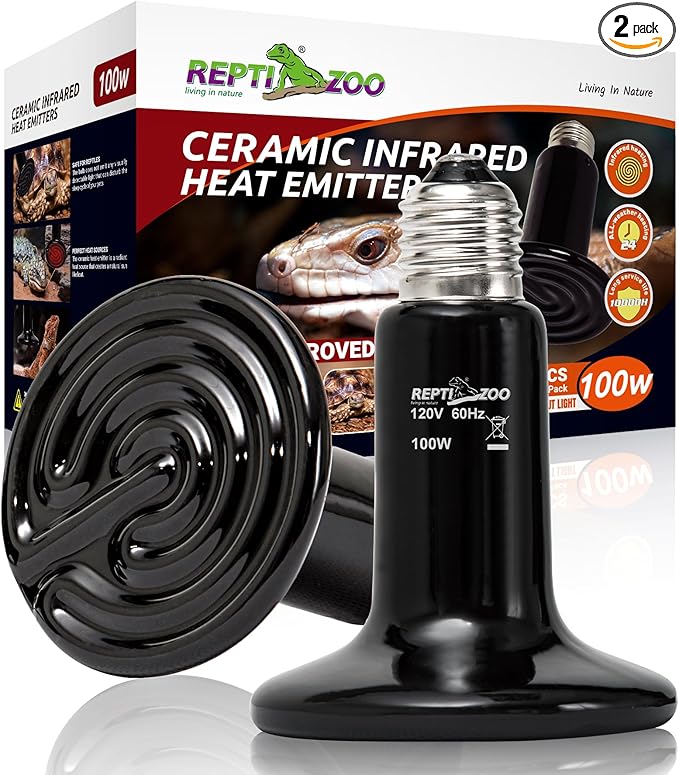 REPTI ZOO 100W Reptile Heat Lamp 2Pack Ceramic Heat Emitter Night Heat Lamp Bulbs Reptile terrarium heat lamp Tank heat bulb for Turtle Bearded Dragon Gecko Lizard Snake Chicken E26