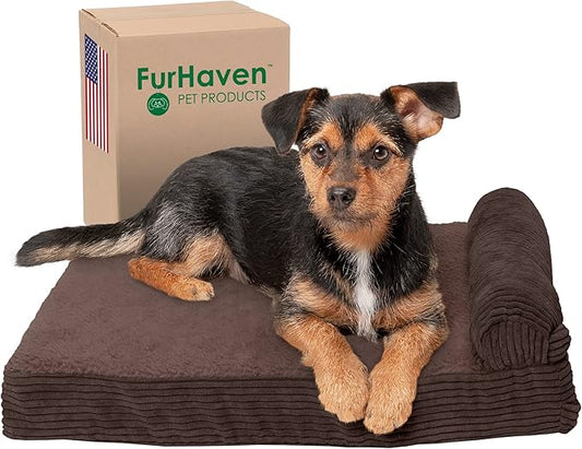 Furhaven Memory Foam Dog Bed for Small Dogs w/ Removable Bolster & Washable Cover, For Dogs Up to 20 lbs - Fleece & Corduroy Bolster Chaise - Dark Espresso, Small