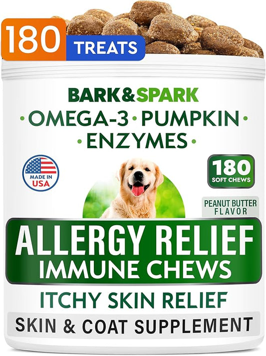 BARK&SPARK Dog Allergy Relief Chews (180 Ct) - Anti-Itch Skin & Coat Supplement - Omega 3 Fish Oil - Itchy Skin Relief Treatment Pills - Itching&Paw Licking - Dry Skin&Hot Spots -Peanut Immune Treats