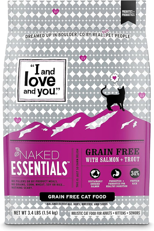 I and love and you Naked Essentials Dry Cat Food - Salmon + Trout - Grain Free, Real Meat, No Fillers, Prebiotics + Probiotics, 3.4lb Bag