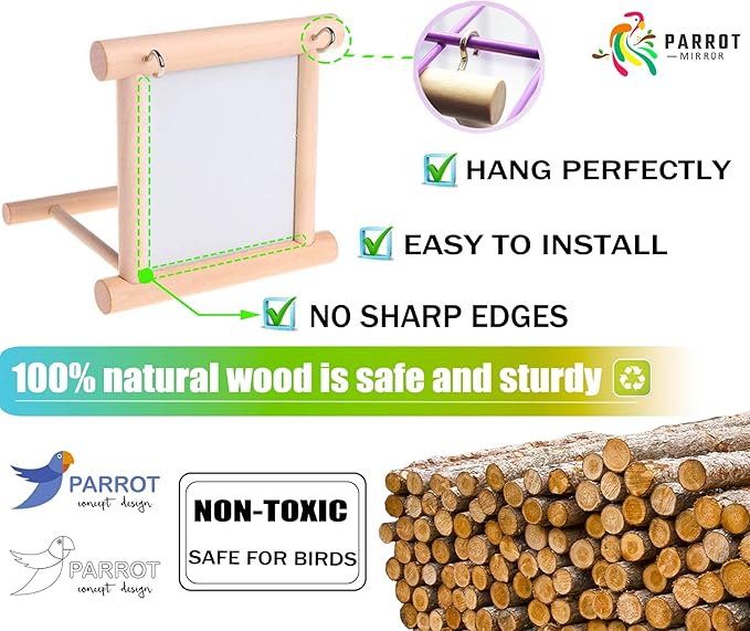 Bllesqelax Bird Parakeet Mirror for Cage,Parrot Perch Stand,Wooden Hummingbird Swing Toy,Parakeet Accessories for Cockatiels Conure Finch Lovebird Canary African Grey Macaw