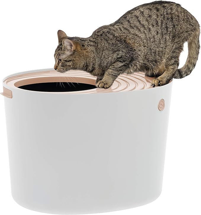 IRIS USA Large Top Entry Cat Litter Box with Scoop, Stylish Round Cat Litter Box Enclosure, Kitty Litter Box, White/Beige