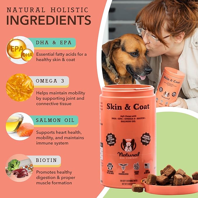 Natural Dog Company Skin & Coat Chews, Salmon & Peas Flavor, Dog Vitamins and Supplements for Healthy Skin & Coat, Itch Relief for Dogs with Allergies, with Biotin, Vitamin E, Omega 3, 180 Count