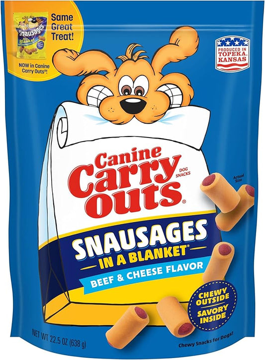 Canine Carry Outs Dog Treats, Snausages in a Blanket, Beef & Cheese Flavor, 22.5 Ounce (Pack of 4), Chewy Outside, Savory Inside