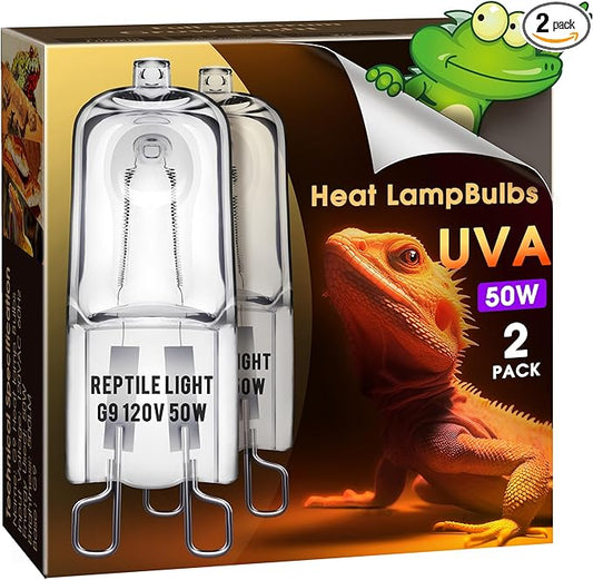 Briignite G9 Heat Lamp Bulbs for Reptile, Mini Reptile Light, Dimmable G9 Mini Heat Bulb Warm White 50W, 2 Pin Base UVA Reptile Heat Lamp, Bearded Dragon Gecko Turtle Lizard, 2 Pack