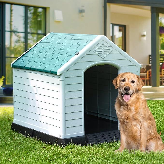 YITAHOME 41'' Large Plastic Dog House Outdoor Indoor Doghouse Puppy Shelter Water Resistant Easy Assembly Sturdy Dog Kennel with Air Vents and Elevated Floor (41''L*38''W*39''H, Blue)