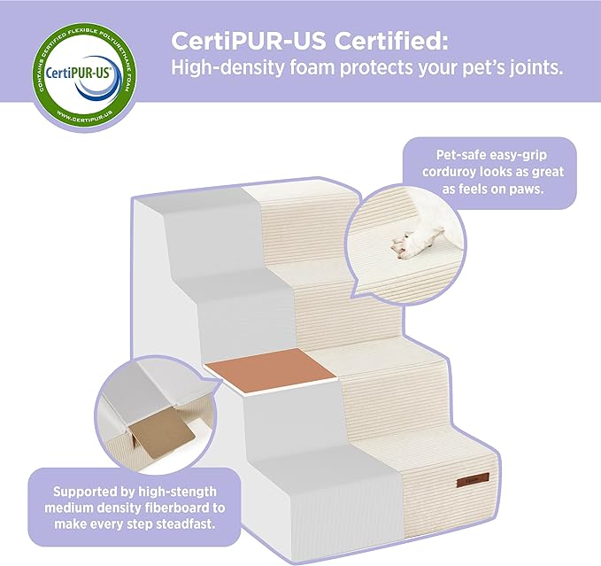 Lesure Dog Stairs for Small Dogs - Pet Stairs for Beds and Couch, Folding Pet Steps with CertiPUR-US Certified Foam for Cat and Doggy, Non-Slip Bottom Dog Steps, Beige, 3 Steps