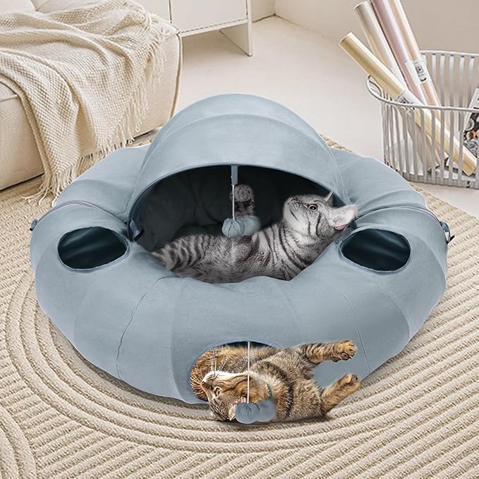 OUHOU Cat Tunnel Bed, Indoor Cat Tunnels with Hanging Balls, Peepholes, and Washable Mat, Green