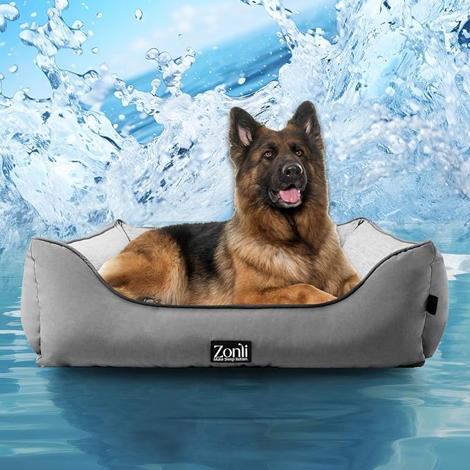 ZonLi Cooling Dog Bed, Dog Beds for Extra Large Dogs, Dog Cooling Bed with Bolsters Waterproof, for Dogs Up to 50 lbs, Pet Bed with Washable Cover, Non-Slip Bottom, without Gel, Arctic Grey