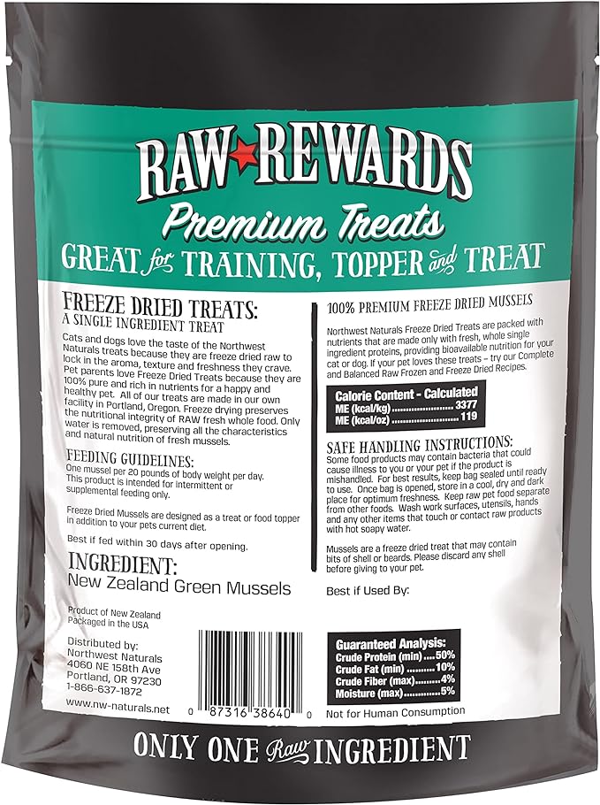 Northwest Naturals Raw Rewards Freeze-Dried Green Lipped Mussel Treats for Dogs and Cats - Bite-Sized Pieces - Healthy, 1 Ingredient, Human Grade, Natural - 2 Oz (Pack of 3) (Packaging May Vary)