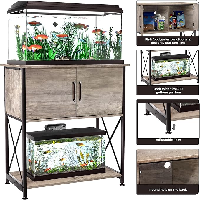 20-29 Gallon Aquarium Stand Metal Frame Fish Tank Stand with Cabinet Storage, for 20 Gallon Long Aquarium,30.7" L*16.5" W Tabletop,330LBS Capacity Grey PG01YGZ