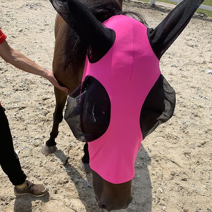Upgrade Uv Horse Fly Mask with Ears - Equine Sunscreen Lycra Quiet Ride Elasticity Fly Mask with Ear Protection (Pink)