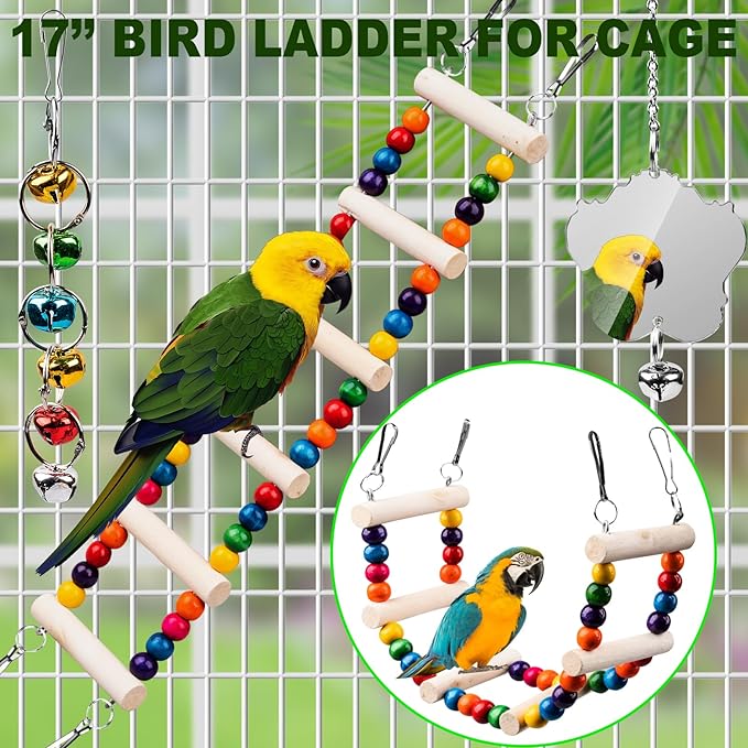 Bird Toys for Parakeets 7Pcs, Wood Parrots Toys Budgie Toys for Bird Cage Accessories, Bird Perch Swings for Small Birds Toys, Conure Cockatiel Toys, Bird Ladder Swing for Parakeets Climbing 18''