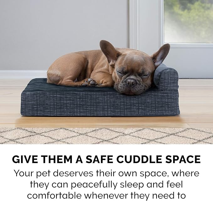 Furhaven Memory Foam Dog Bed for Medium/Small Dogs w/ Removable Bolster & Washable Cover, For Dogs Up to 35 lbs - Quilted Fleece & Suede Print Bolster Chaise - Dark Blue, Medium