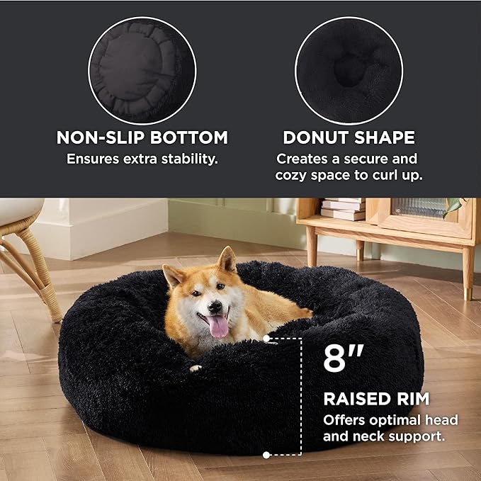 Bedsure Calming Dog Bed for Medium Dogs - Donut Washable Medium Pet Bed, 30 inches Anti-Slip Round Fluffy Plush Faux Fur Cat Bed, Fits up to 45 lbs Pets, Black