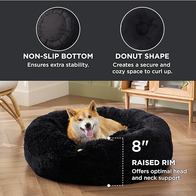 Bedsure Calming Dog Bed for Medium Dogs - Donut Washable Medium Pet Bed, 30 inches Anti-Slip Round Fluffy Plush Faux Fur Cat Bed, Fits up to 45 lbs Pets, Black