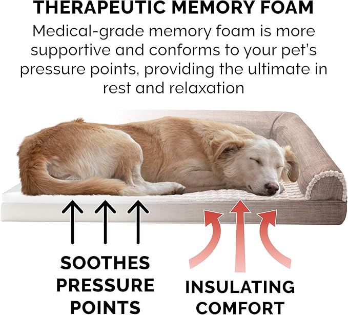 Furhaven Memory Foam Dog Bed for Large Dogs w/ Removable Bolsters & Washable Cover, For Dogs Up to 125 lbs - Luxe Faux Fur & Performance Linen Sofa - Woodsmoke, Jumbo Plus/XXL