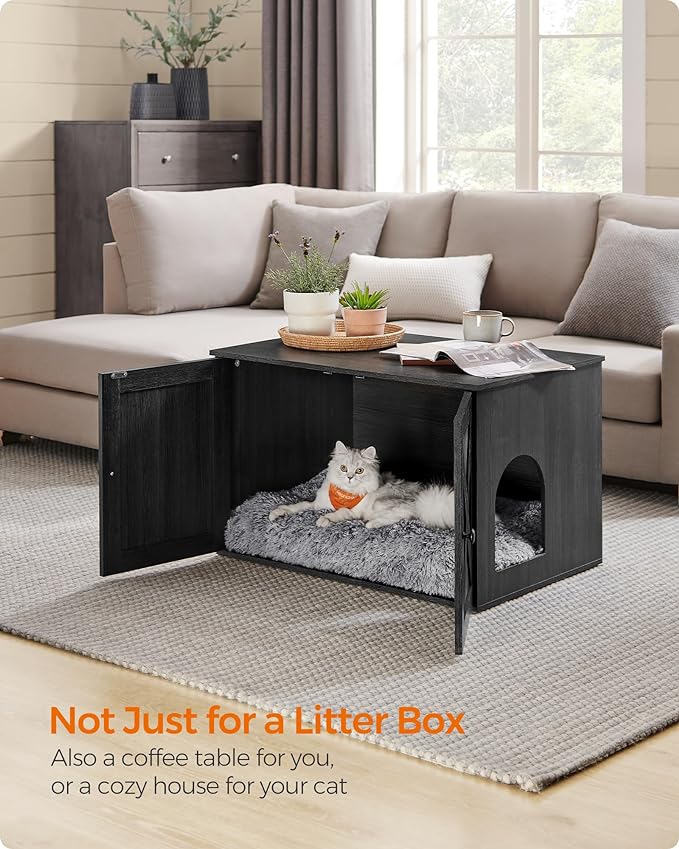 Feandrea Cat Litter Box Enclosure, Litter Box Furniture Hidden with Removable Divider, Indoor Cat House, End Table, 31.5 x 20.9 x 19.7 Inches, Ink Black UPCL002B01