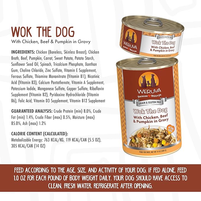 Weruva Classic Dog Food, Wok The Dog with Chicken Breast, Beef & Pumpkin in Gravy, 14oz Can (Pack of 12), Brown