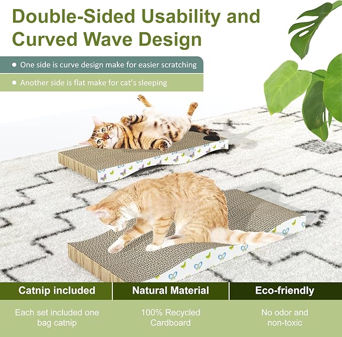 Cat Scratching Board, Cardboard Cat Scratcher with Catnip, Corrugated Cat Scratch Pad with Premium Scratch Textures Design, Double-Sided Cat Scratchers for Indoor Cats (Pack of 2)