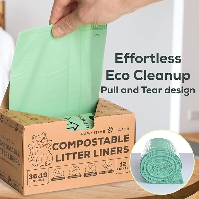 Cat Litter Box Liners 100% Compostable - Drawstring Close - 12 Count - Jumbo Size 36" x 19" - Tear & Leak Resistant - OK Compost Home Certified