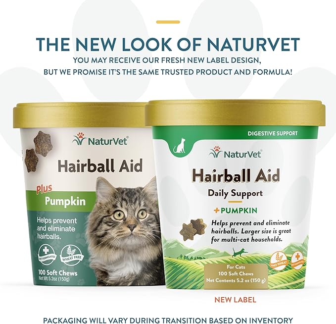 NaturVet – Hairball Aid Supplement for Cats - Plus Pumpkin – Helps Eliminate & Prevent Hairballs – 100 Soft Chews