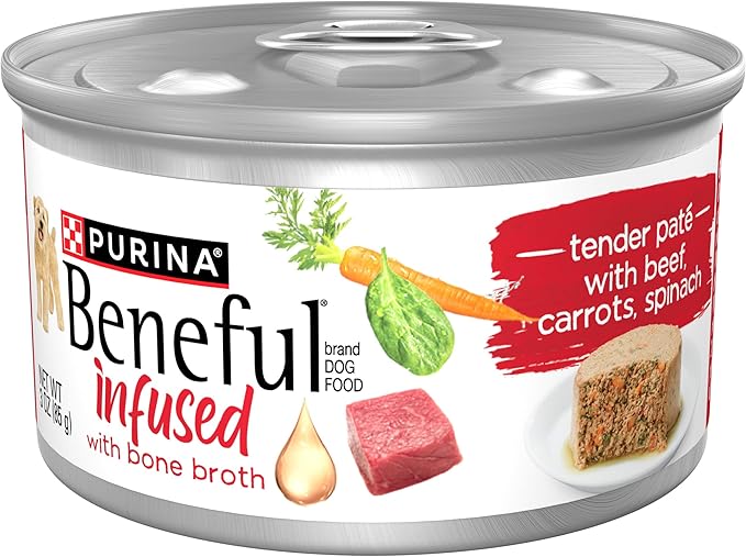 Purina Beneful Infused Wet Dog Food Pate, with Real Beef, Carrots and Spinach, with Bone Broth for Dogs - (Pack of 12) 3 oz. Cans