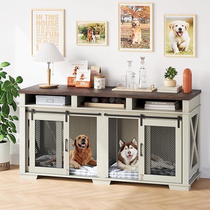 Dog Crate Furniture, 71" Heavy Duty Indoor Dog Kennel Furniture with 3 Storage Cubby for 2 Dogs, Versatile Dog House with Removable Divider for Large Dog, White/Dark Walnut