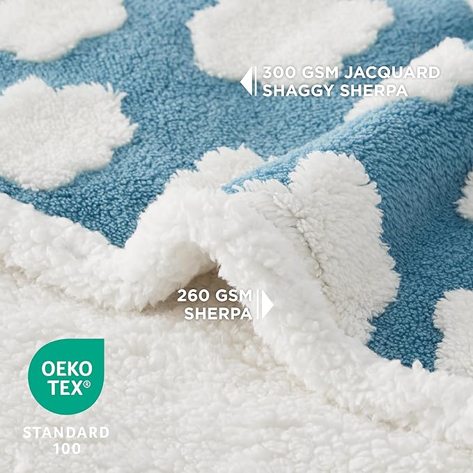 Lesure Waterproof Dog Blanket for Large Dogs - Washable Double Sided Dog Blankets with Warm Jacquard Shag and Soft Sherpa Fleece, Pet Cat blanket for King Bed Protection, 3D Textured Cloud, Blue