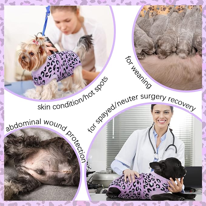 FUAMEY Recovery Suit for Dogs After Surgery,Soft Breathable Dog Bodysuit E-Collar & Cone Alternative Surgical Suit,Male Female Dog Neuter Spay Suits Anti Licking Wounds Onesie Purple Leopard XS