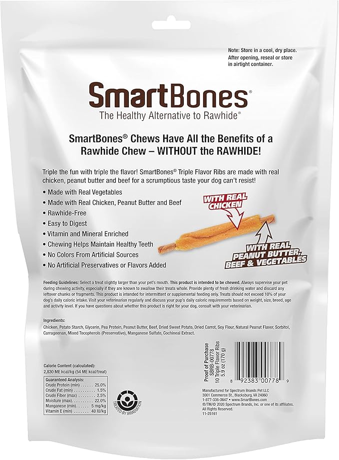 SmartBones No Artificial Colors or Preservatives Rib and Wing Chews, Treat Your Dog to a Fun Shapped Triple Flavor Chew